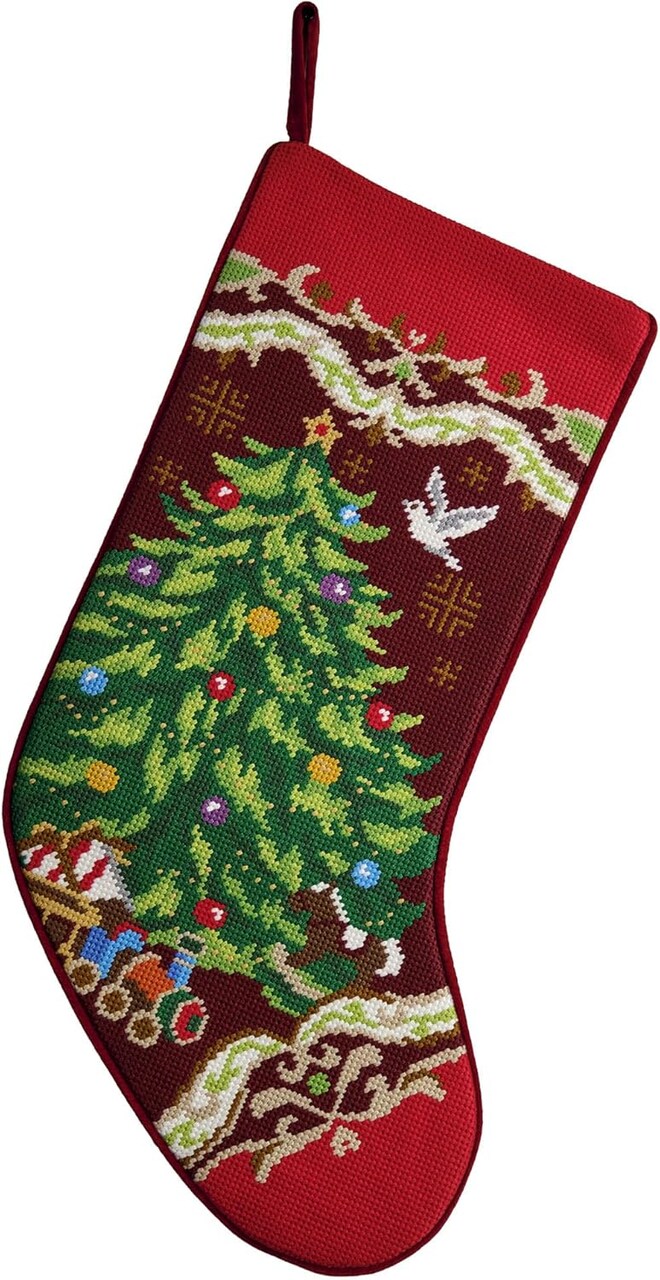 Xmas Tree Embroidered Christmas Stocking, 18-inch Length, Poly and Cotton Velvet, Holiday Seasonal Decoration